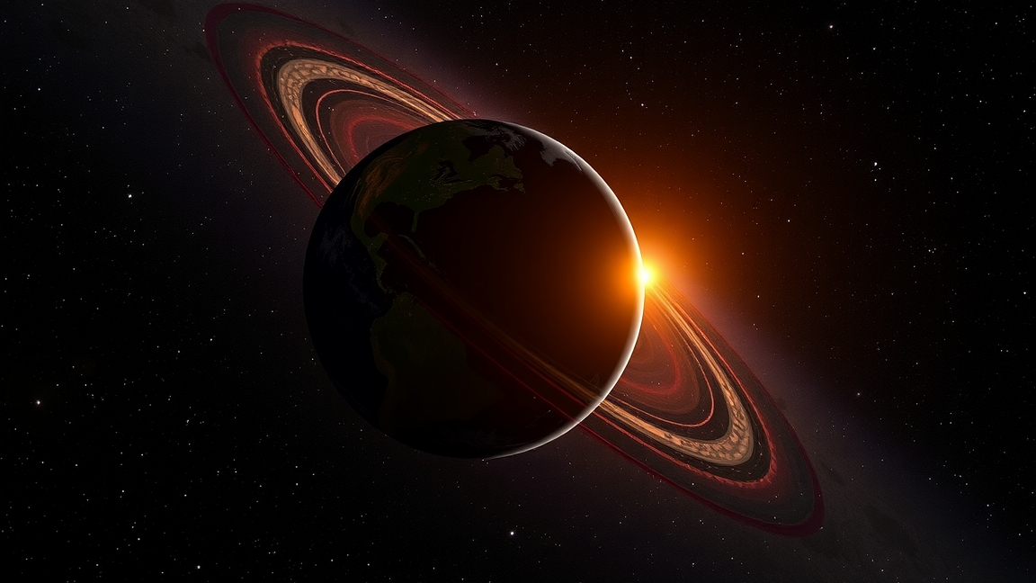 Bolygó a gyűrűkkel és napsütéssel az űrben.