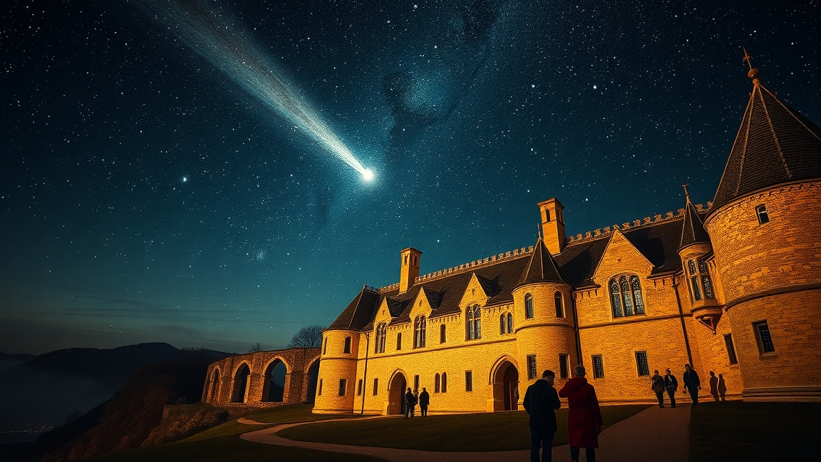 Halley-üstökös megjelenése a Bayeux-i kárpit mögött, csillagos égbolt alatt.