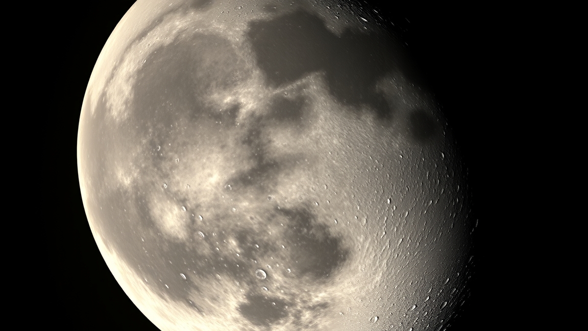 A Hold árnyékos oldala, éjszakai fényekkel és kráterekkel.