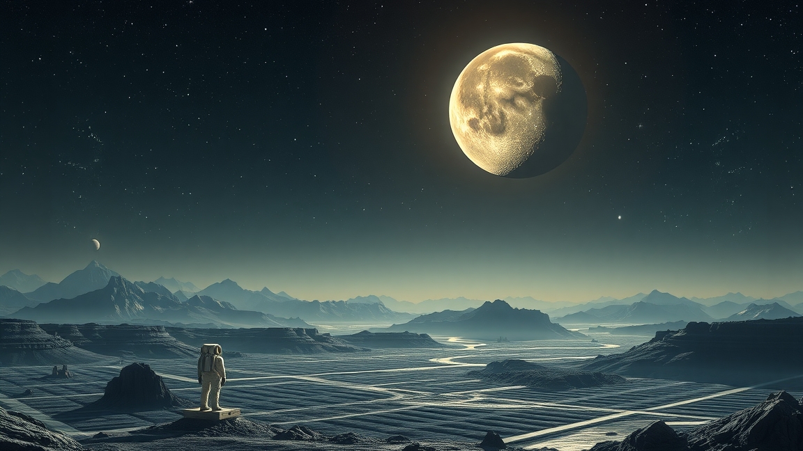 Asztronauta a Hold előtt egy sci-fi tájon