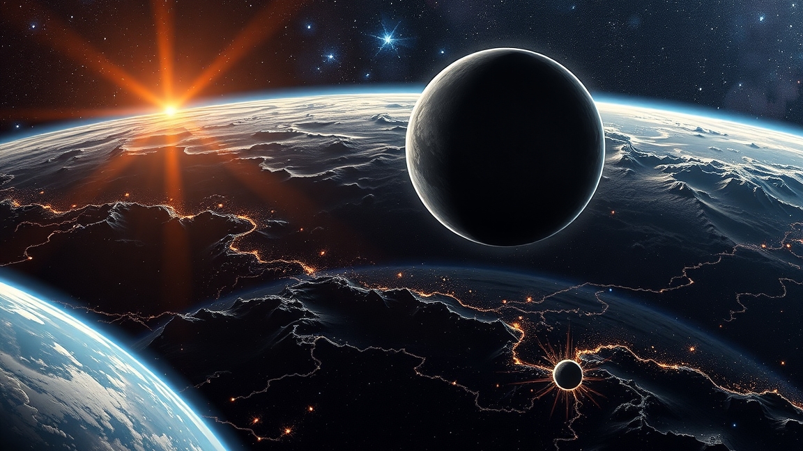 Kozmikus táj, ami bemutatja a Hold keletkezését a Theia-becsapódás elméletével.