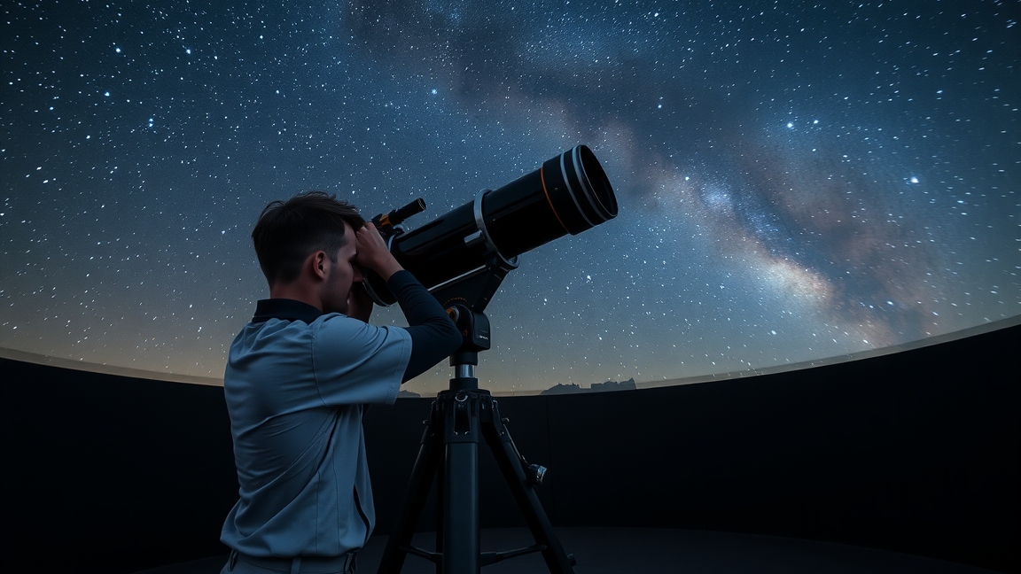 Csillagász távcsővel a csillagos ég alatt