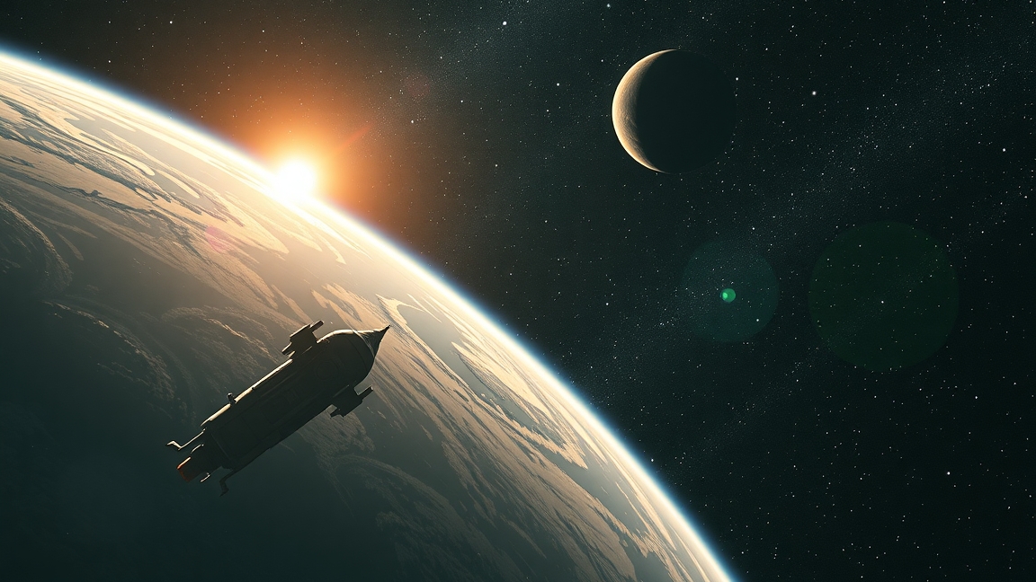 Űrhajó a Föld felett, napfelkeltével és bolygókkal a háttérben.