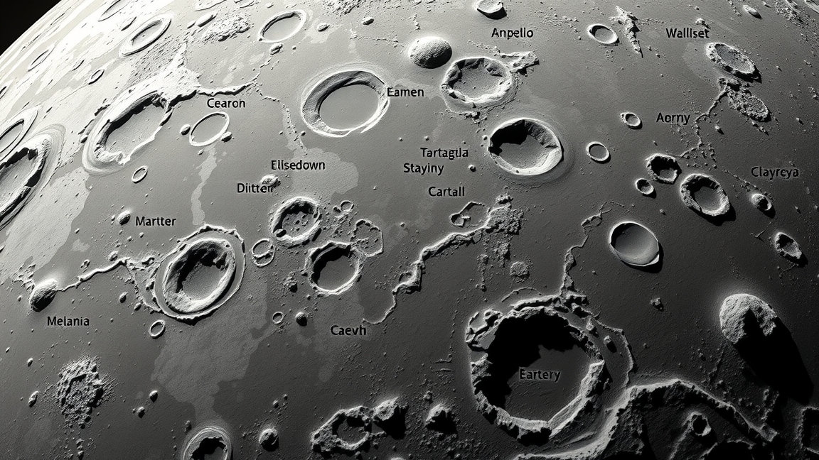 A Merkúr krátereinek részletes képe, híres írók neveivel.