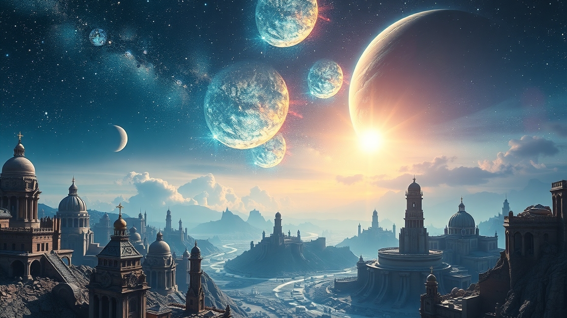 Űrbéli táj, bolygók és egy elhagyott civilizáció romjai