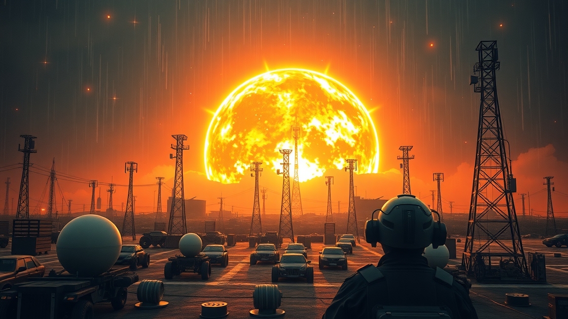 Egy hatalmas napvihar látható a horizonton, figyelőrendszerek közelében.