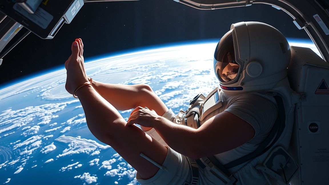 Űrhajós súlytalanságban, a Föld háttérében
