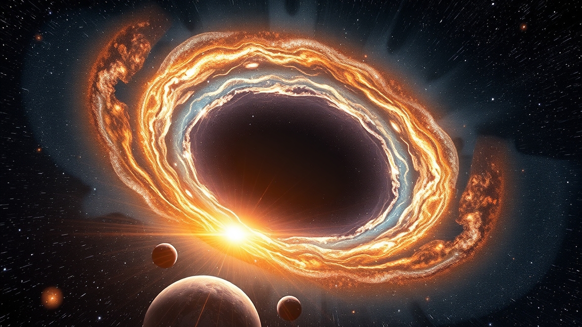 Egy csillagközi szingularitás ábrázolása, körülötte bolygók