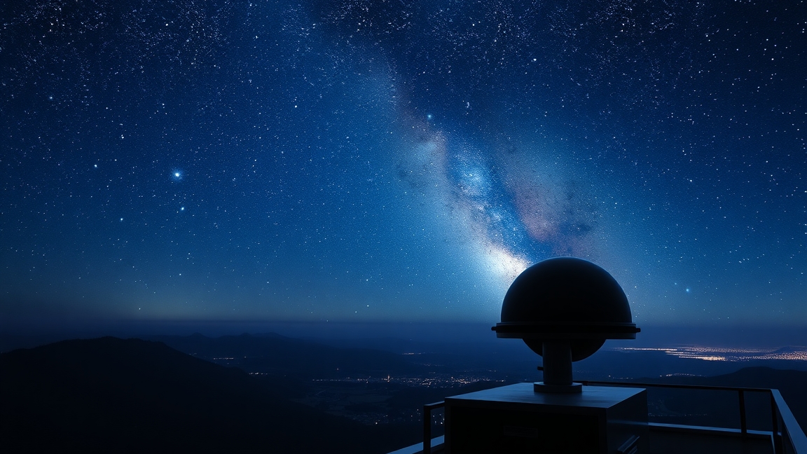 Csillagos égbolt a teleszkóp mellett, átlátszóság példája.