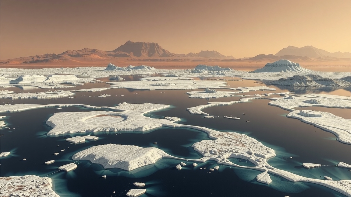 A Mars sarki jégsapkáival és felszín alatti tavakkal borított táj látképe.