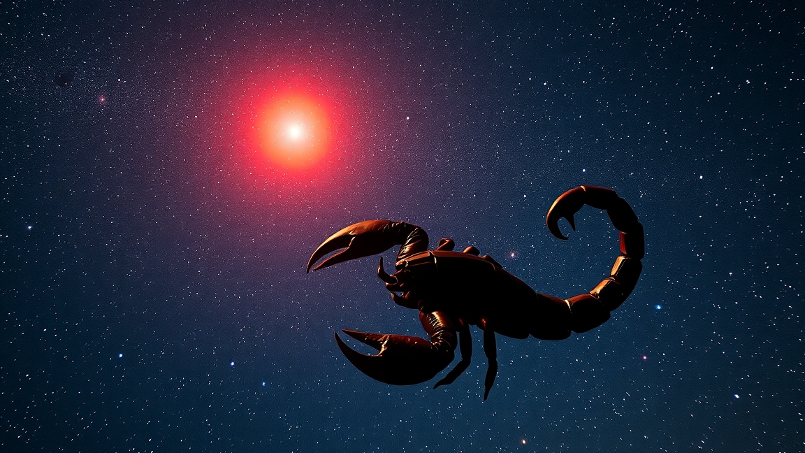 Skorpió csillagkép és Antares vörös szuperóriás az égen