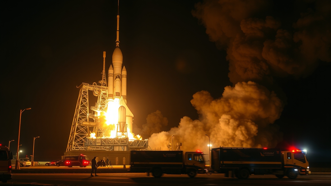 Rakéta indítás a NASA startpadján, tűz és lángok kíséretében.