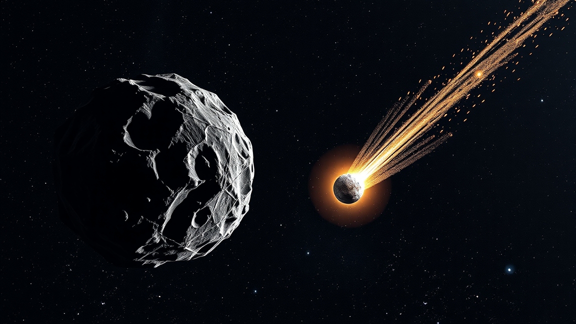 Aszteroida és üstökös az űrben, a Naptól távol.