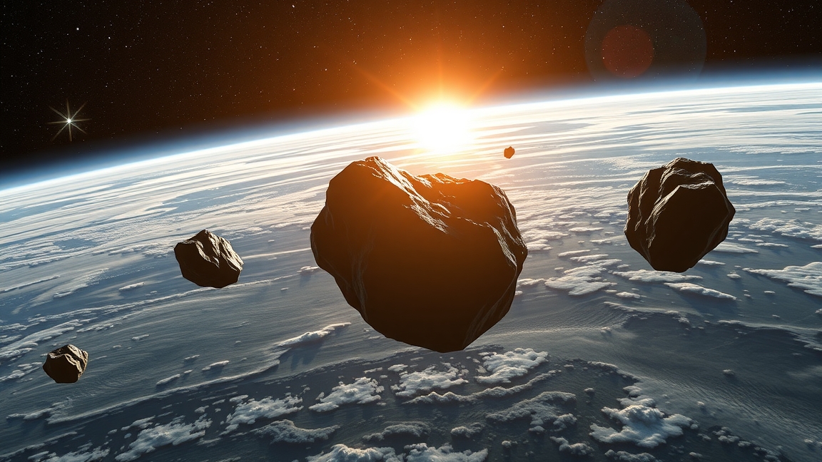 Aszteroidák a Föld légkörének határán, Nap felkeltével.