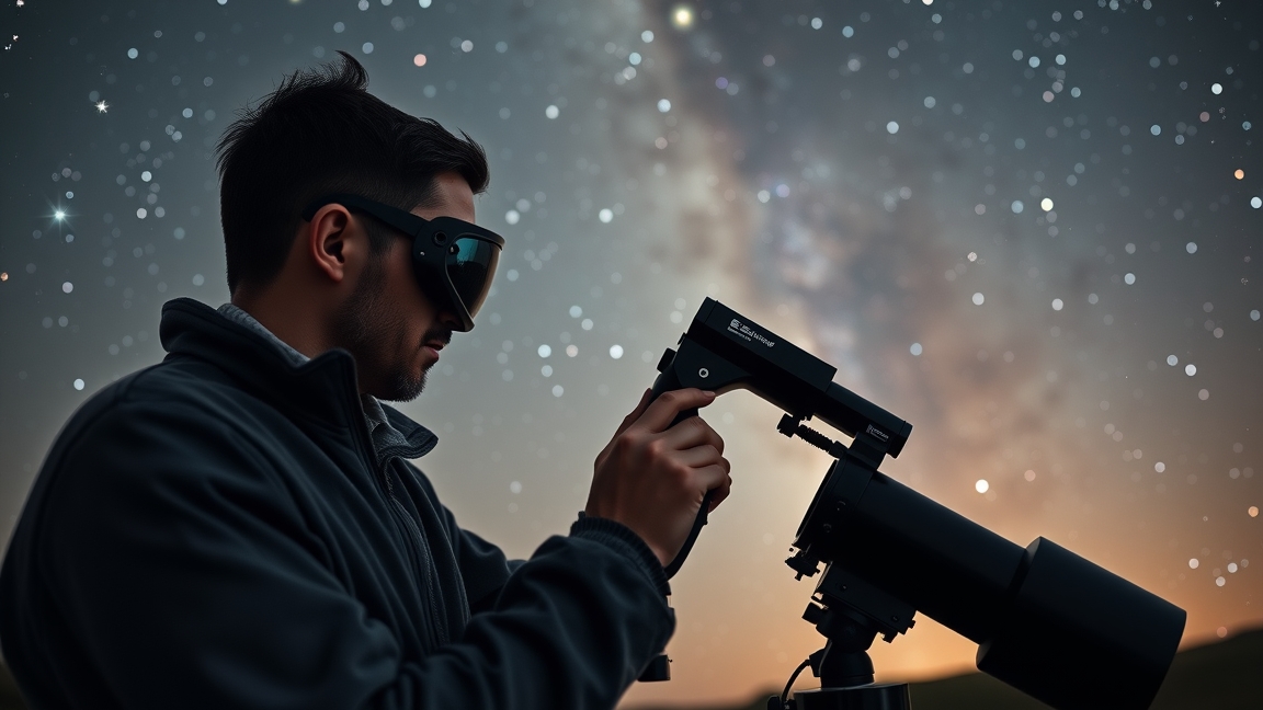 Amatőr csillagász a Bahtinov-maszk segítségével fókuszál a teleszkópon.