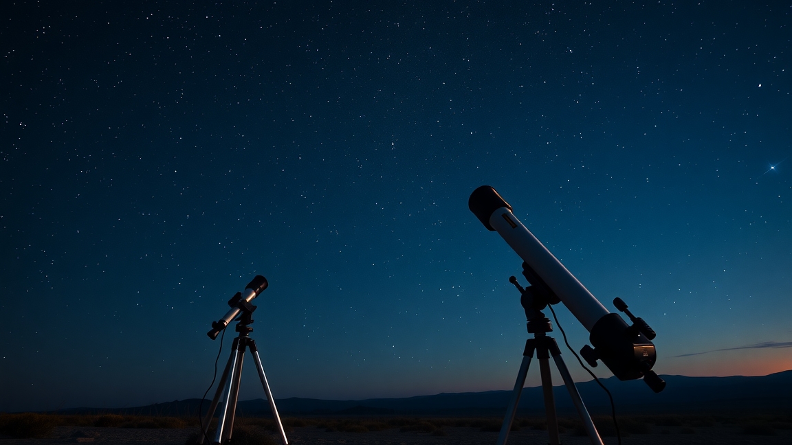 Két távcső csillagos ég alatt, megfigyelésre készen.