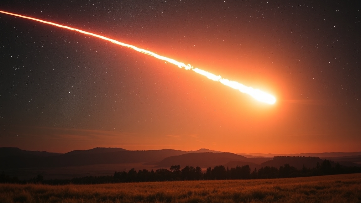 Fényes bolida látható az éjszakai égbolton, háttérben hegyekkel.