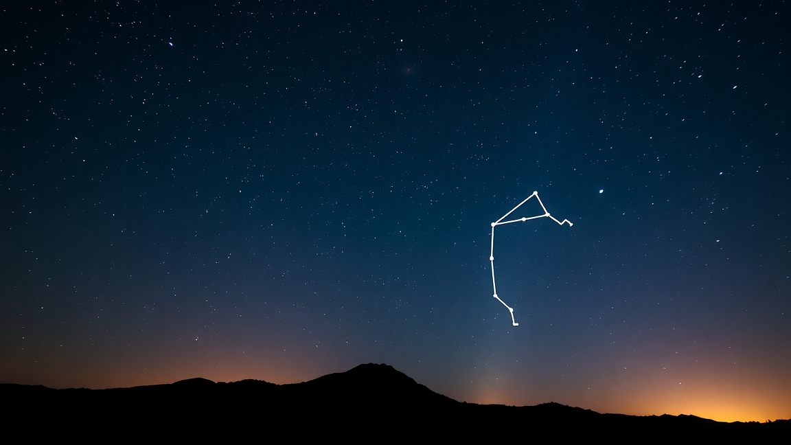 Delfin csillagkép a csillagos égbolton, gyémánt formával.