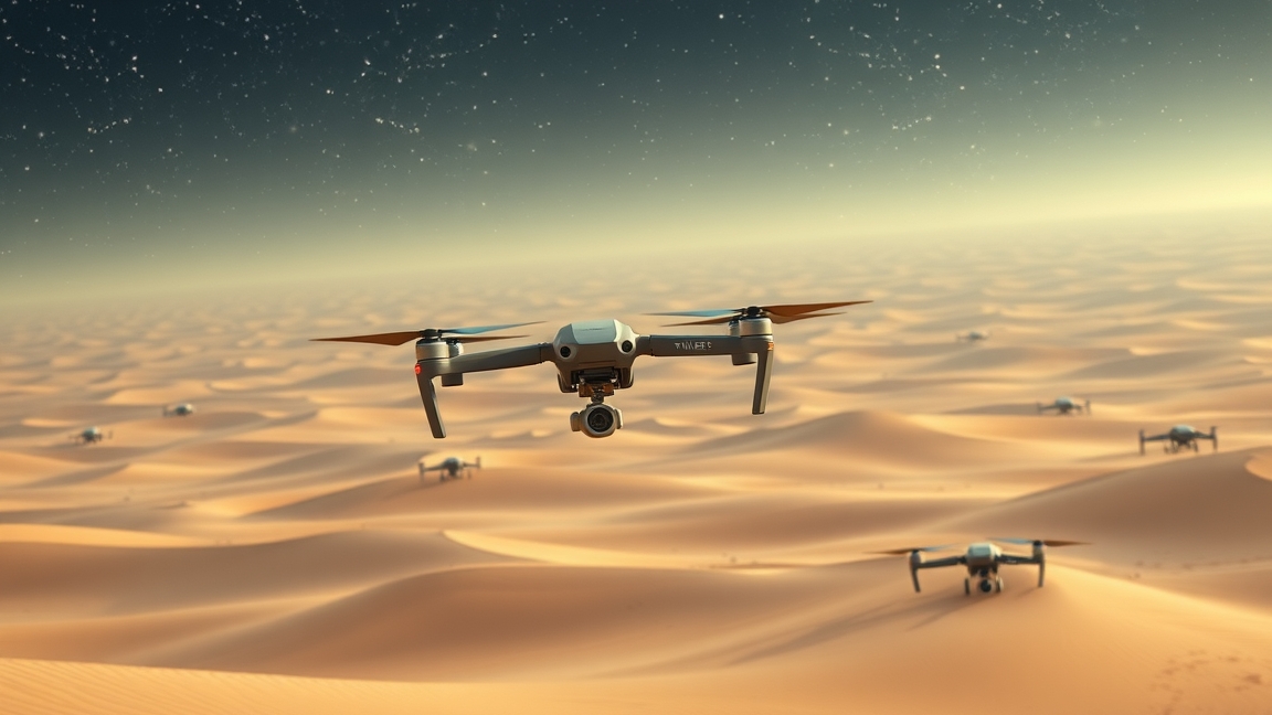 Dragonfly drón repül a Titán dűnéi felett, geológiai kutatás céljából.