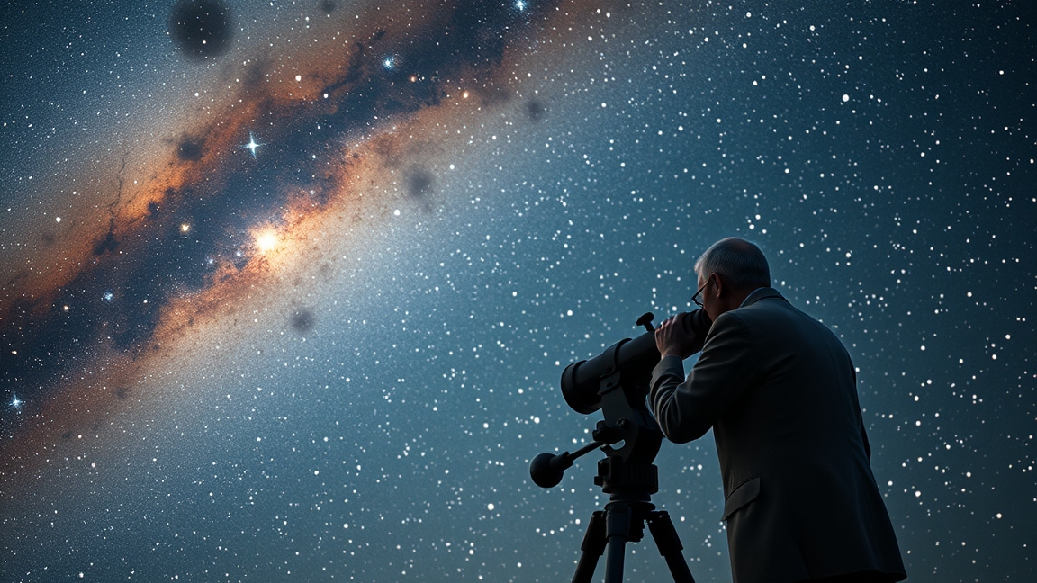 Csillagász távcsővel figyeli a Tejútrendszert és más galaxisokat.
