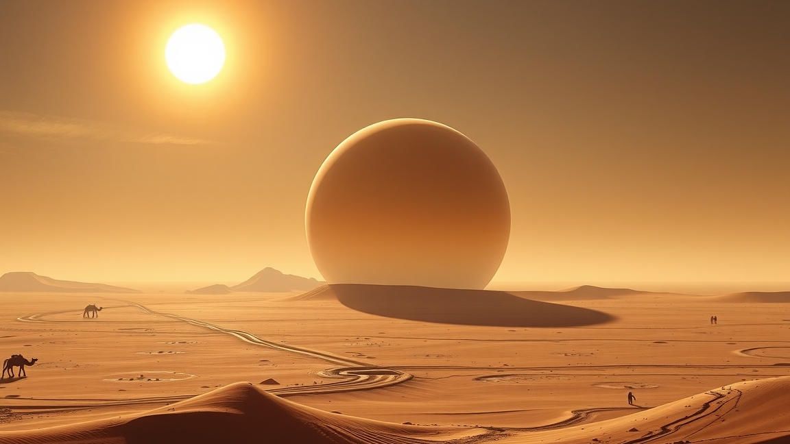 Két Napot ábrázoló sivatagi táj Tatooine stílusában.