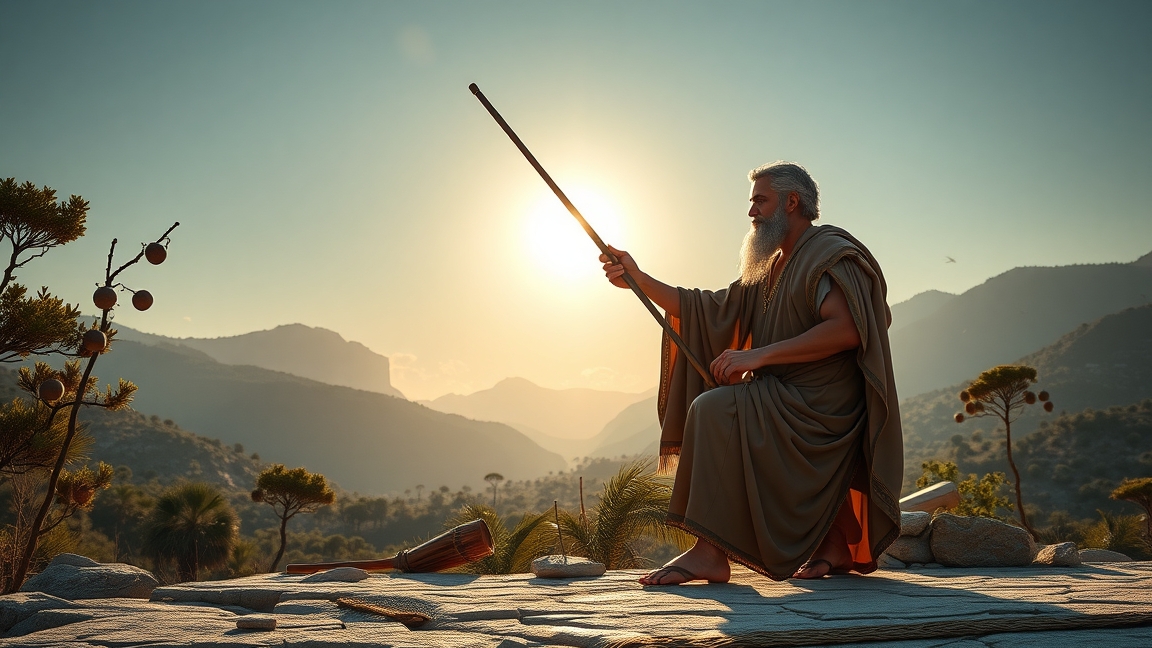 Eratoszthenész a Föld kerületét méri bottal nyári napfordulón.