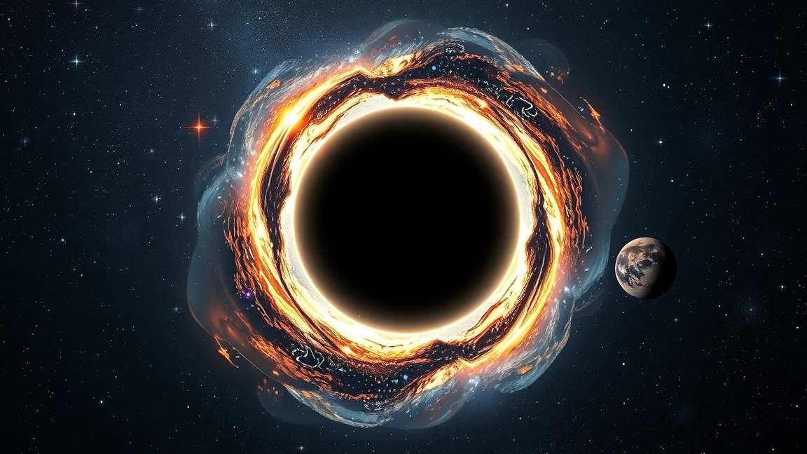 Az űrben egy fekete lyuk és egy kis bolygó látványa.