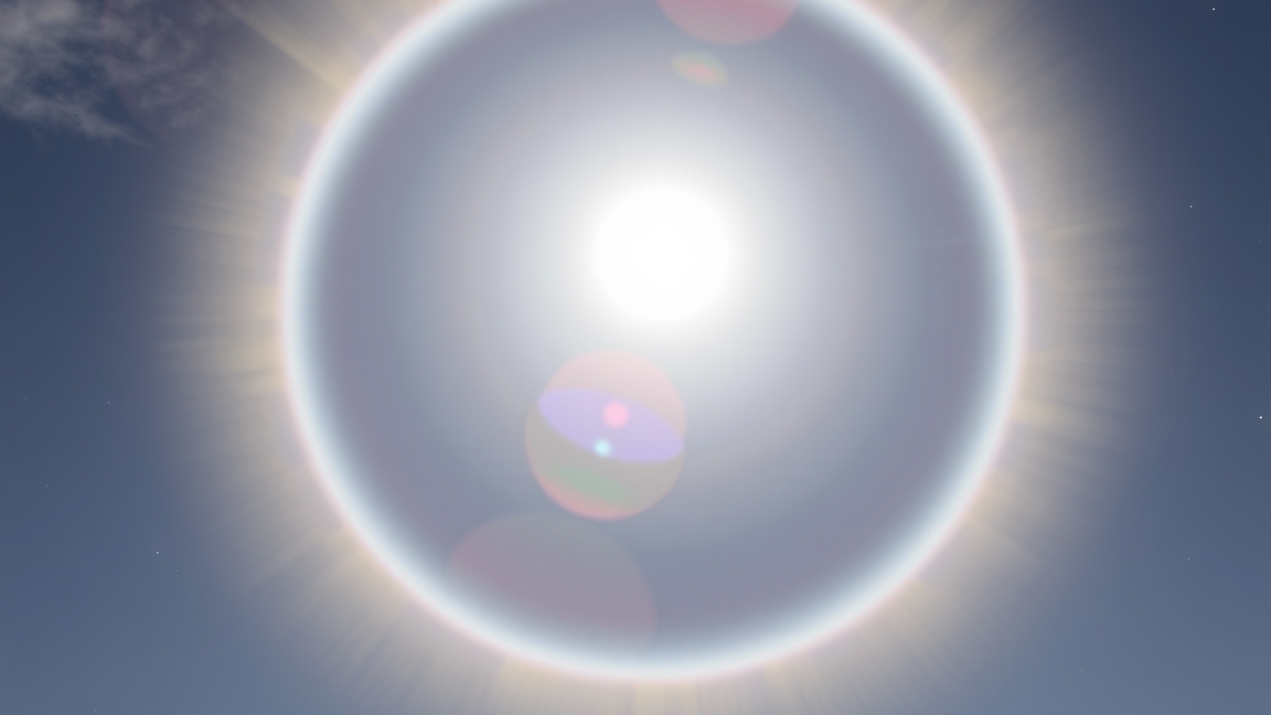 Halo-jelenség a Nap körül, amely jégkristályok törésének eredménye.