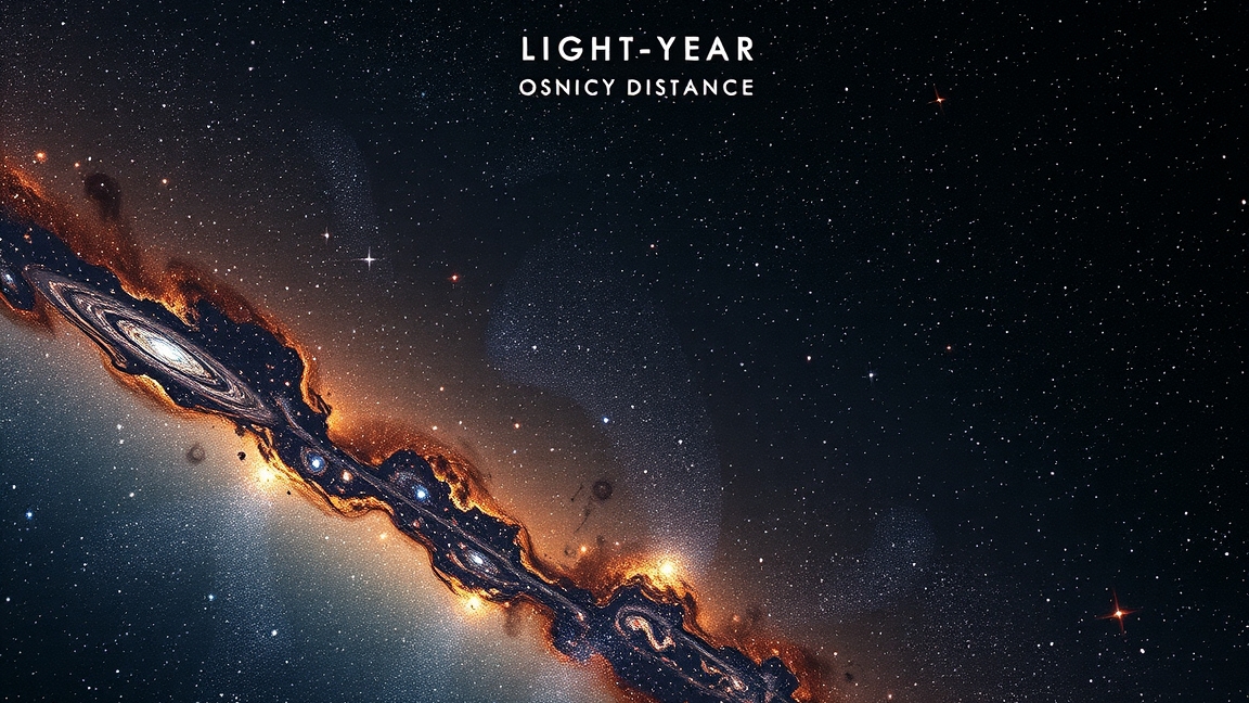 Csillagászati képmontázs egy fényévről és űrbeli távolságokról.