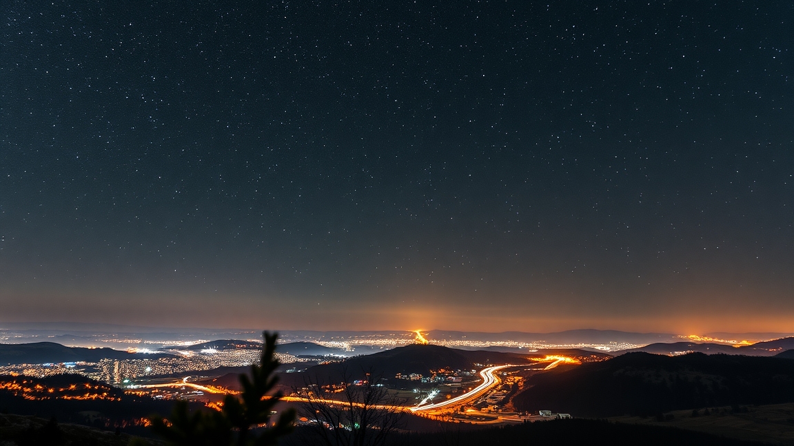 Éjszakai csillagos égbolt és városi fényszennyezés