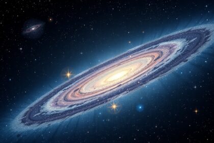 Egy lenyűgöző galaxis a világűrben, csillagokkal körülvéve.