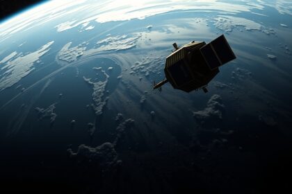 Szputnyik-1 műhold az űrben, a Föld felett lebegve.