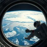 Űrhajós a világűrben, nézve a Földre az űrhajó ablakából.