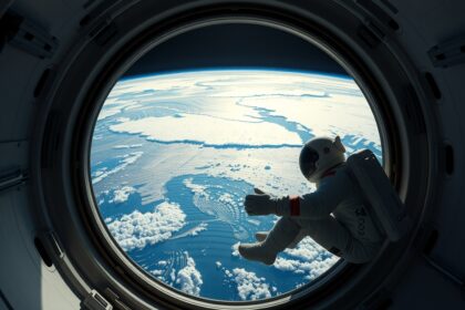 Űrhajós a világűrben, nézve a Földre az űrhajó ablakából.