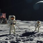 Apollo-11 asztronauták a Holdon, az amerikai zászló és a holdjáró háttérrel.