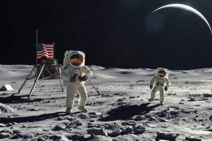 Apollo-11 asztronauták a Holdon, az amerikai zászló és a holdjáró háttérrel.