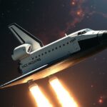 Űrsikló az űrben tüzelve, csillagok és bolygók között.