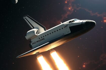 Űrsikló az űrben tüzelve, csillagok és bolygók között.