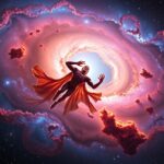 Fantasztikus kép az űr mélységéből, egy szuperhős karakterrel.