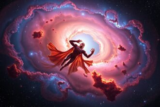 Fantasztikus kép az űr mélységéből, egy szuperhős karakterrel.