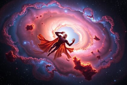 Fantasztikus kép az űr mélységéből, egy szuperhős karakterrel.