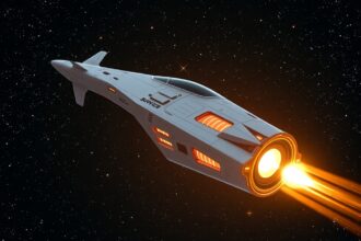 Nukleáris hajtóművekkel működő űrhajó az űrben.