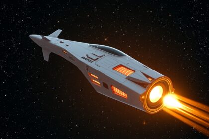 Nukleáris hajtóművekkel működő űrhajó az űrben.