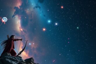 Orion, a vadász mitológiai ábrázolása a csillagos ég alatt