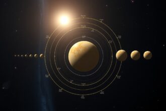 A Vénusz fázisai a Nap körül keringve, csillagászati megfigyelések alapján.