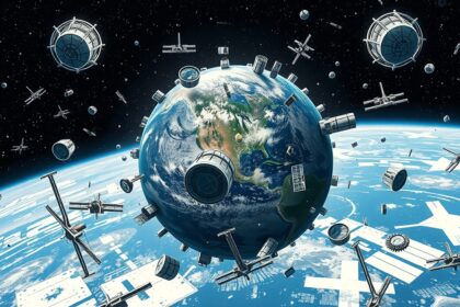 Űrszemét körülvevő Föld műholdakkal és törmelékkel.