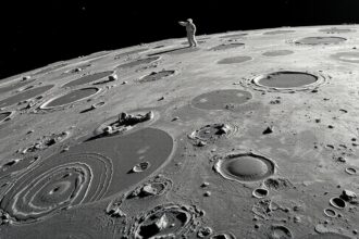 A Hold bazaltos tengere és kráterek, űrhajós háttérrel.