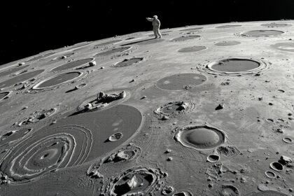 A Hold bazaltos tengere és kráterek, űrhajós háttérrel.