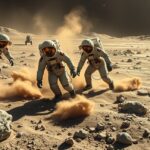 Űrhajósok holdporban, a regolit hatásait vizsgálják egy űrmisszió során.