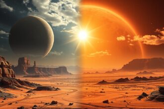 Marsi táj és bolygók napfénye az űrben